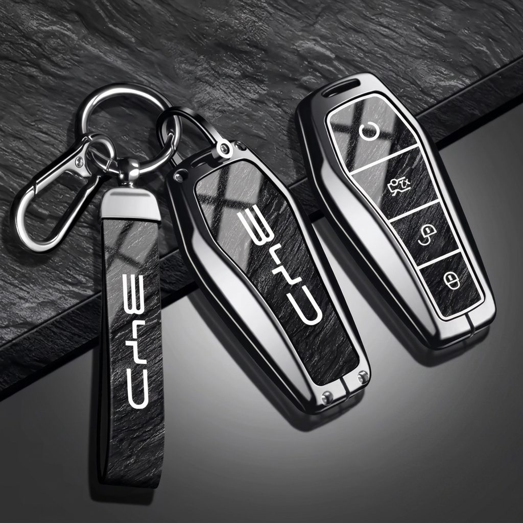 Coque de clé BYD noire, vue avant et arrière avec porte-clés